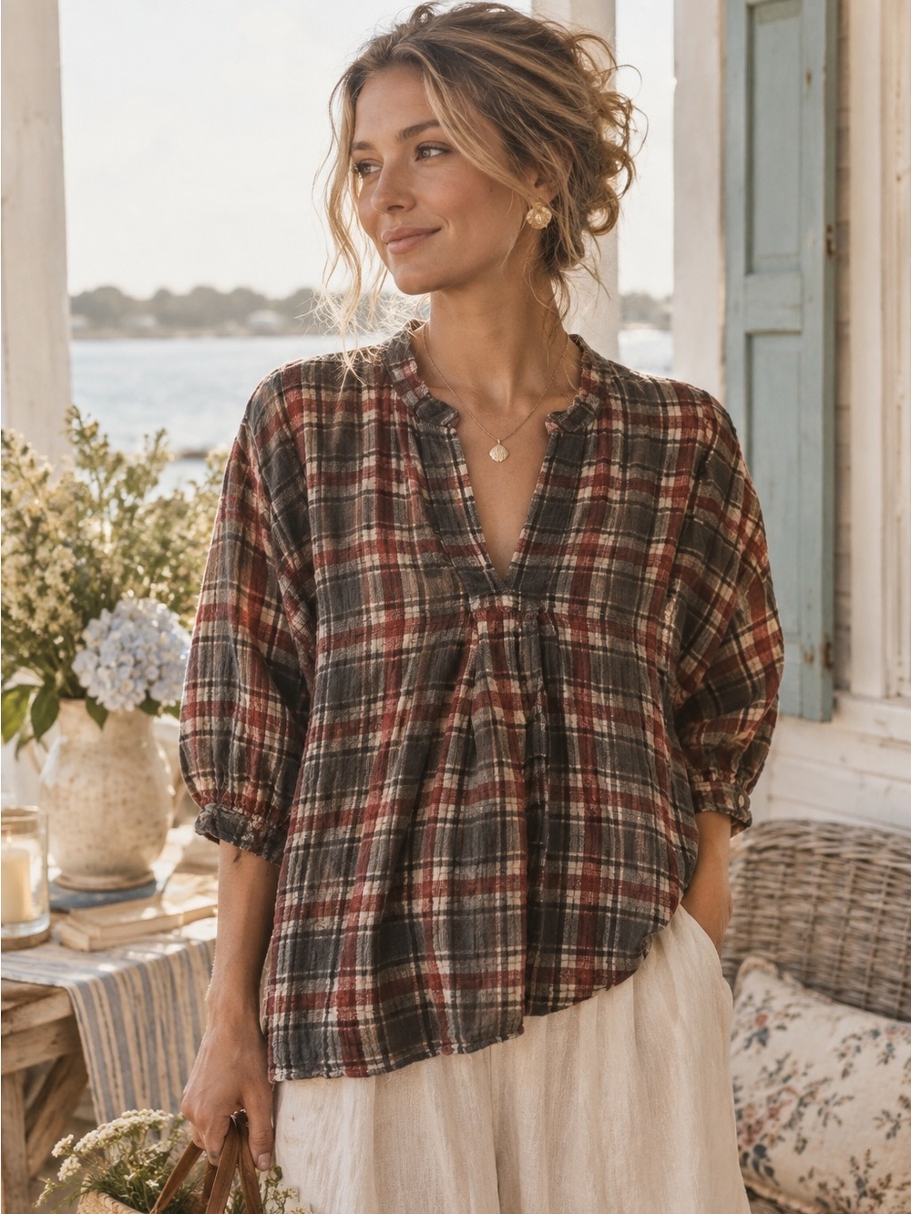 CP Shades Plaid Tunic Top 3/4 Sleeve Cotton Coastal Grandma Country Cottage